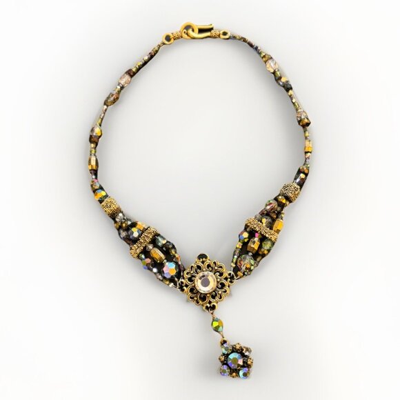 Victorian Style Choker Necklace Gold Tone Black Iridescent Crystal Statement - Picture 3 of 9